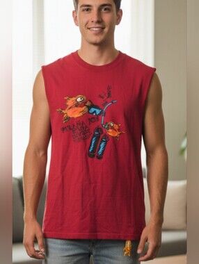 Men's Red Graphic Sleeveless Tank — Birds & Binoculars Print